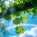 Lucky Four Leaf Clover Live Wallpaper 10 Lucky four leaf clovers with sparkling dew beneath sunlight and a colorful rainbow in a peaceful nature live wallpaper.