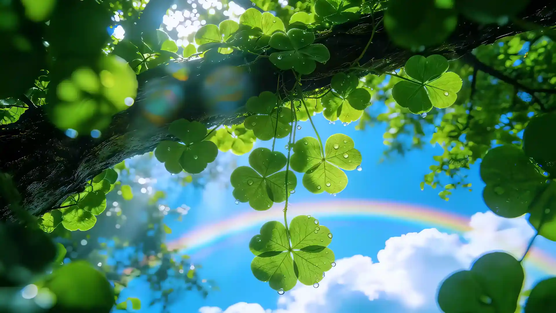 Lucky four leaf clovers with sparkling dew beneath sunlight and a colorful rainbow in a peaceful nature live wallpaper.