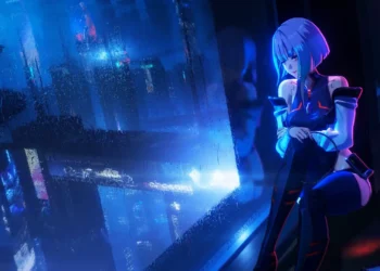 Lucy from Cyberpunk Edgerunners in a Wuthering Waves cyberpunk city at night live wallpaper