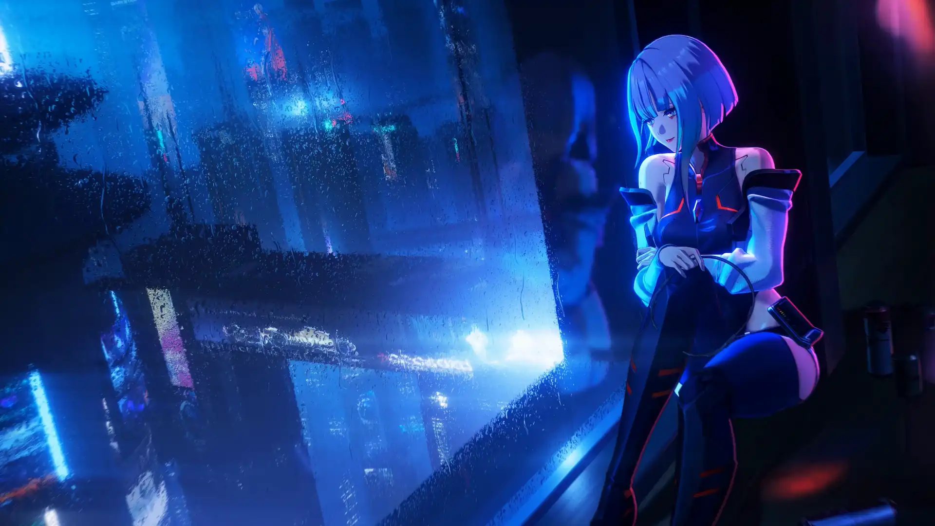 Lucy from Cyberpunk Edgerunners in a Wuthering Waves cyberpunk city at night live wallpaper