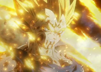 Majin Vegeta from Dragon Ball Z surrounded by a powerful golden Super Saiyan aura live wallpaper