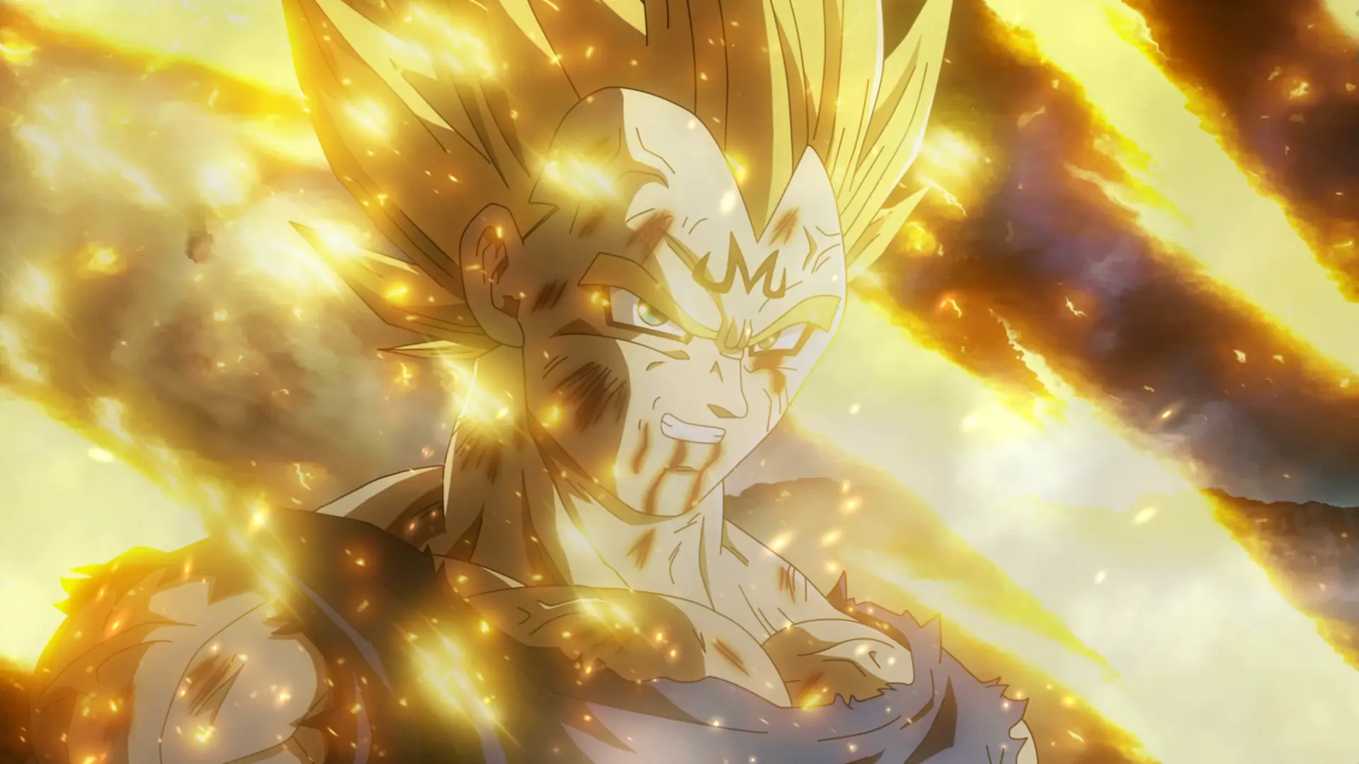 Majin Vegeta from Dragon Ball Z surrounded by a powerful golden Super Saiyan aura live wallpaper