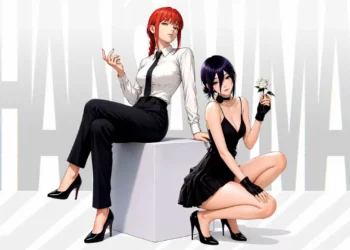 Makima and Reze from Chainsaw Man posing in elegant black and white outfits with a white rose live wallpaper.