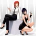 Makima and Reze from Chainsaw Man posing in elegant black and white outfits with a white rose live wallpaper.