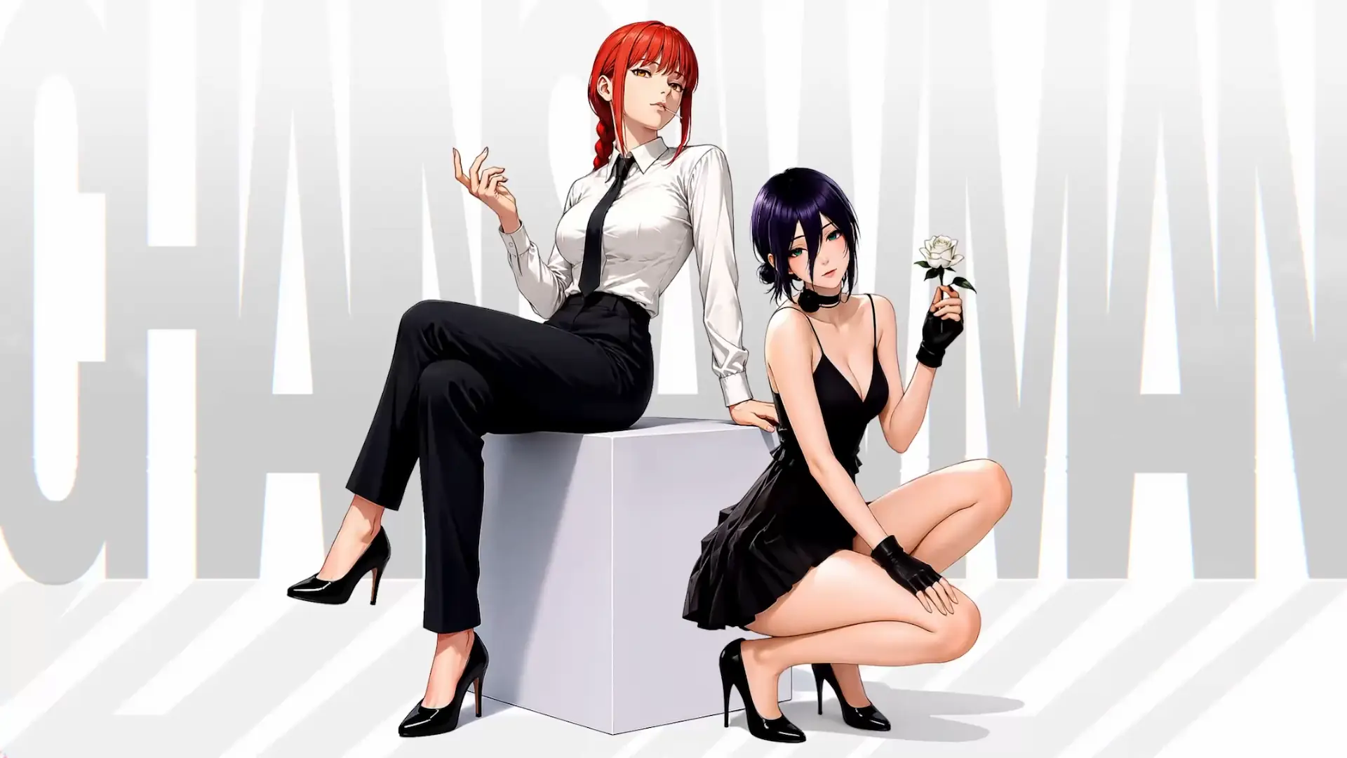 Makima and Reze from Chainsaw Man posing in elegant black and white outfits with a white rose live wallpaper.