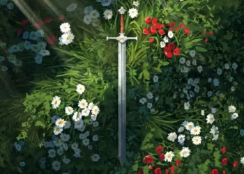Medieval sword surrounded by white daisies and red flowers in a peaceful garden live wallpaper