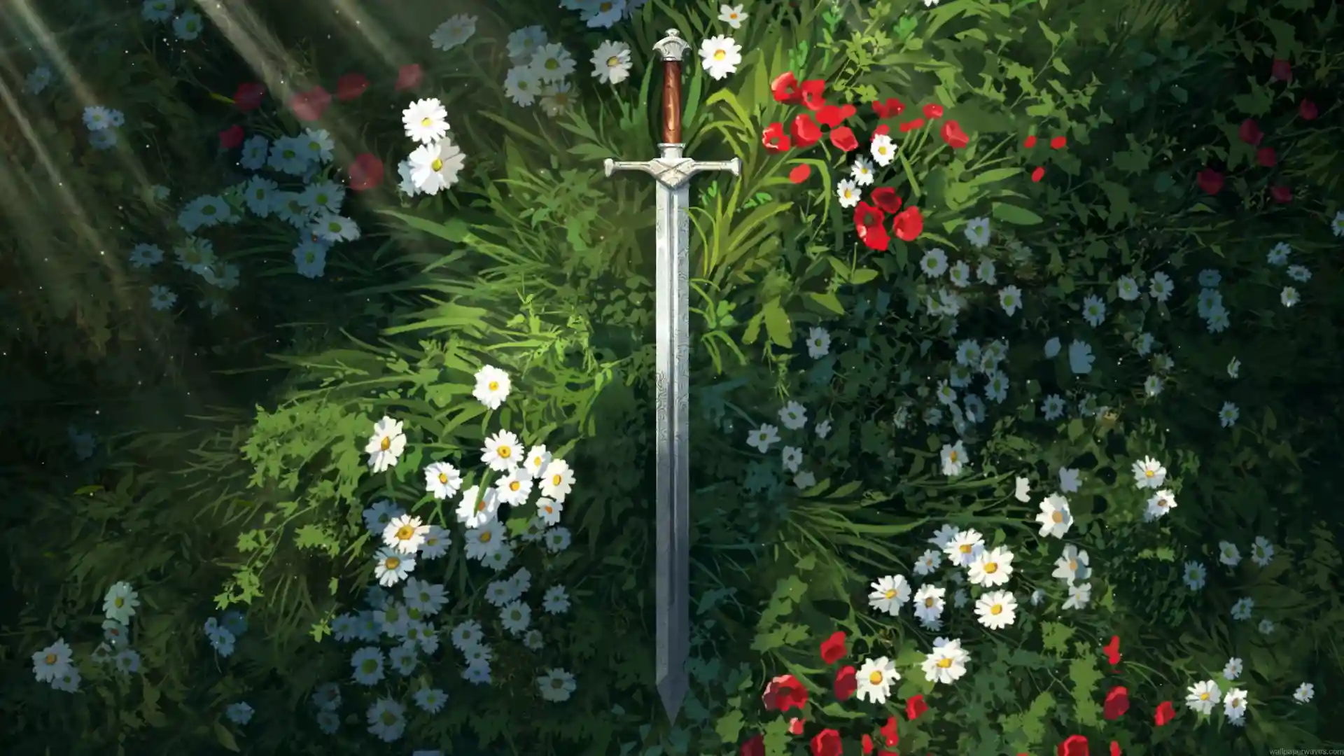 Medieval sword surrounded by white daisies and red flowers in a peaceful garden live wallpaper