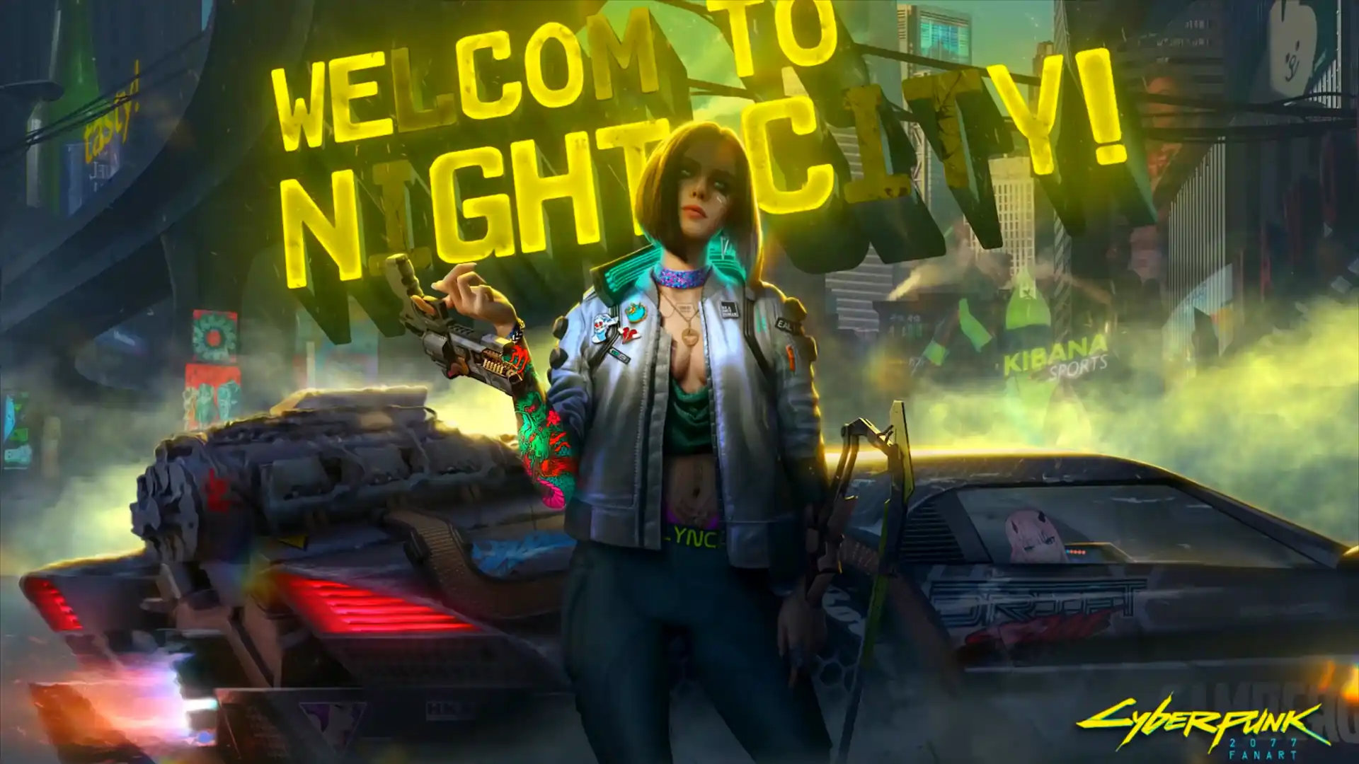 Mercenary Valerie V from Cyberpunk 2077 standing beside a futuristic car in neon-lit Night City live wallpaper.