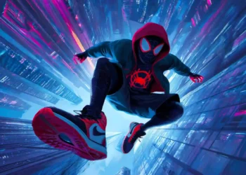 Miles Morales Spider-Verse Neon City Live Wallpaper 2 Miles Morales Spider-Man diving through a neon Spider-Verse city with blue and pink lights live wallpaper.