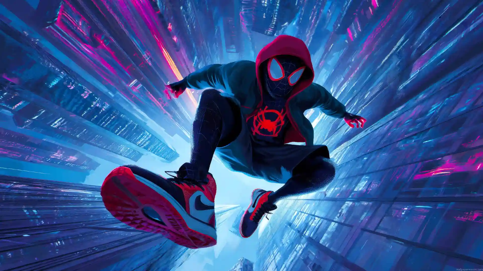 Miles Morales Spider-Man diving through a neon Spider-Verse city with blue and pink lights live wallpaper.