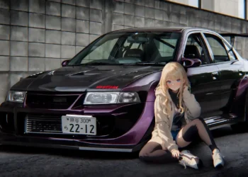 Mitsubishi Evo Anime Girl JDM Live Wallpaper 6 Modified Mitsubishi Evo JDM sports car with a blonde anime girl sitting beside it in an urban setting live wallpaper.