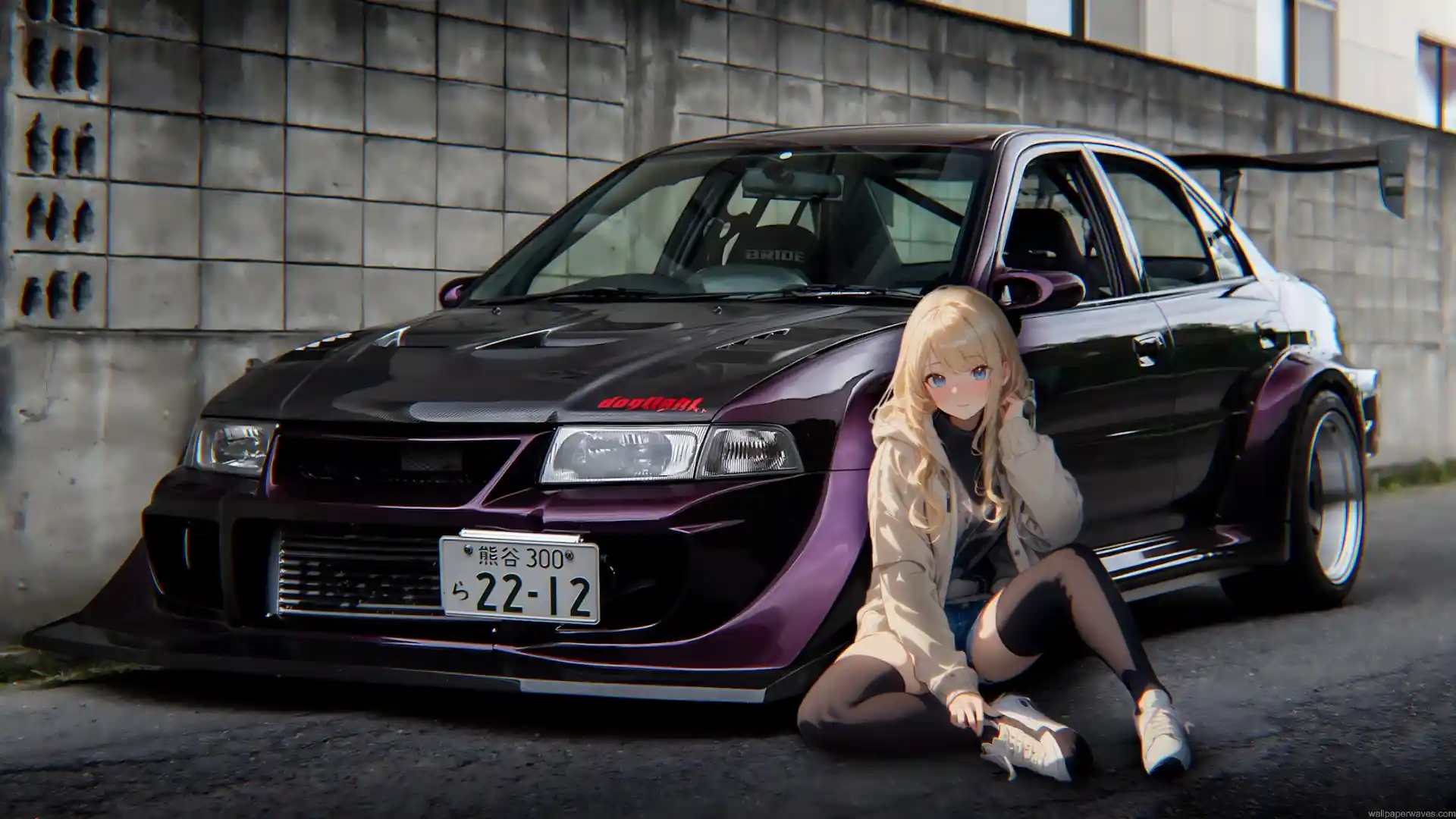 Modified Mitsubishi Evo JDM sports car with a blonde anime girl sitting beside it in an urban setting live wallpaper.