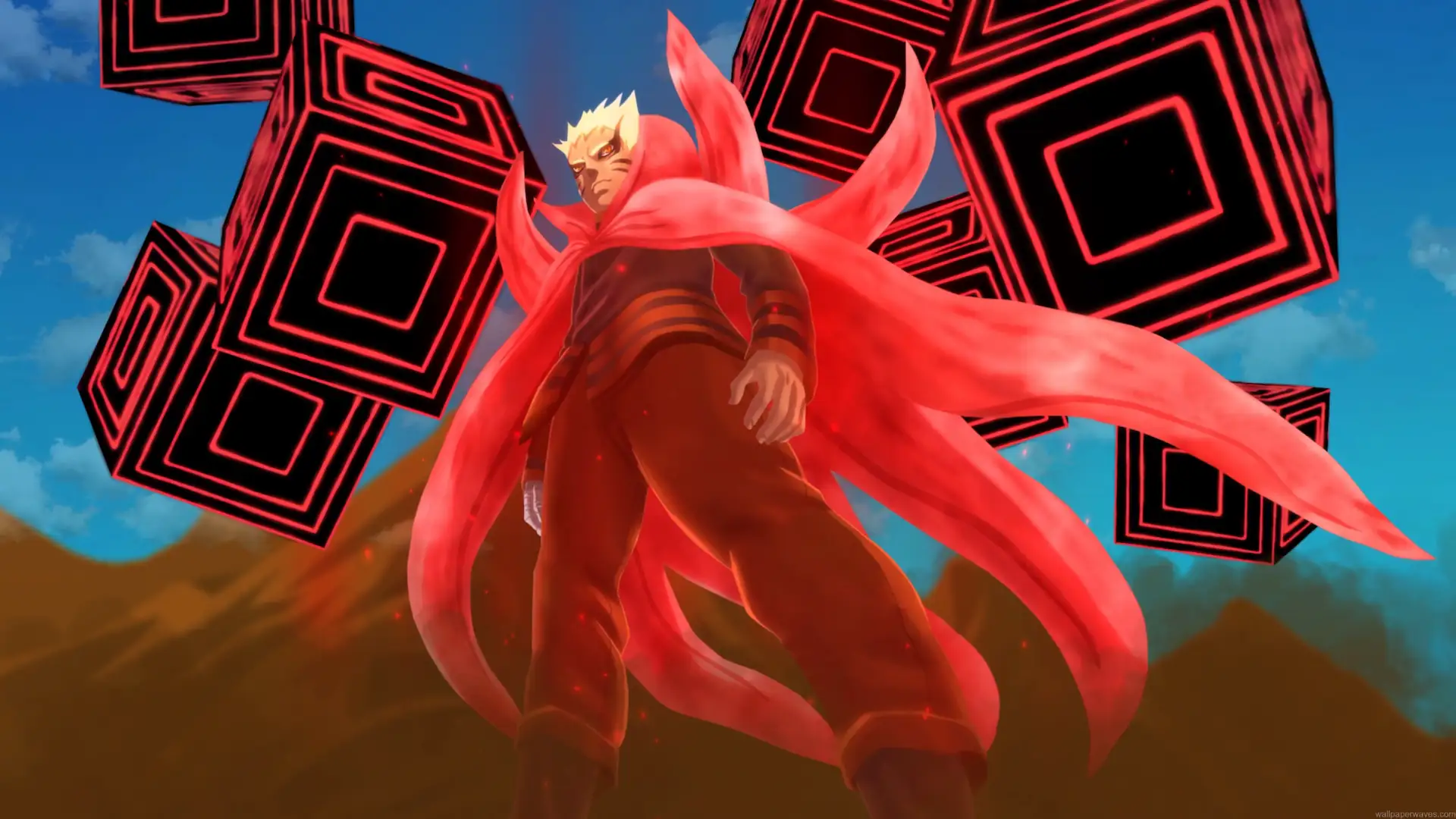 Naruto Uzumaki in Baryon Mode surrounded by blazing red chakra and floating black cubes from Boruto live wallpaper.