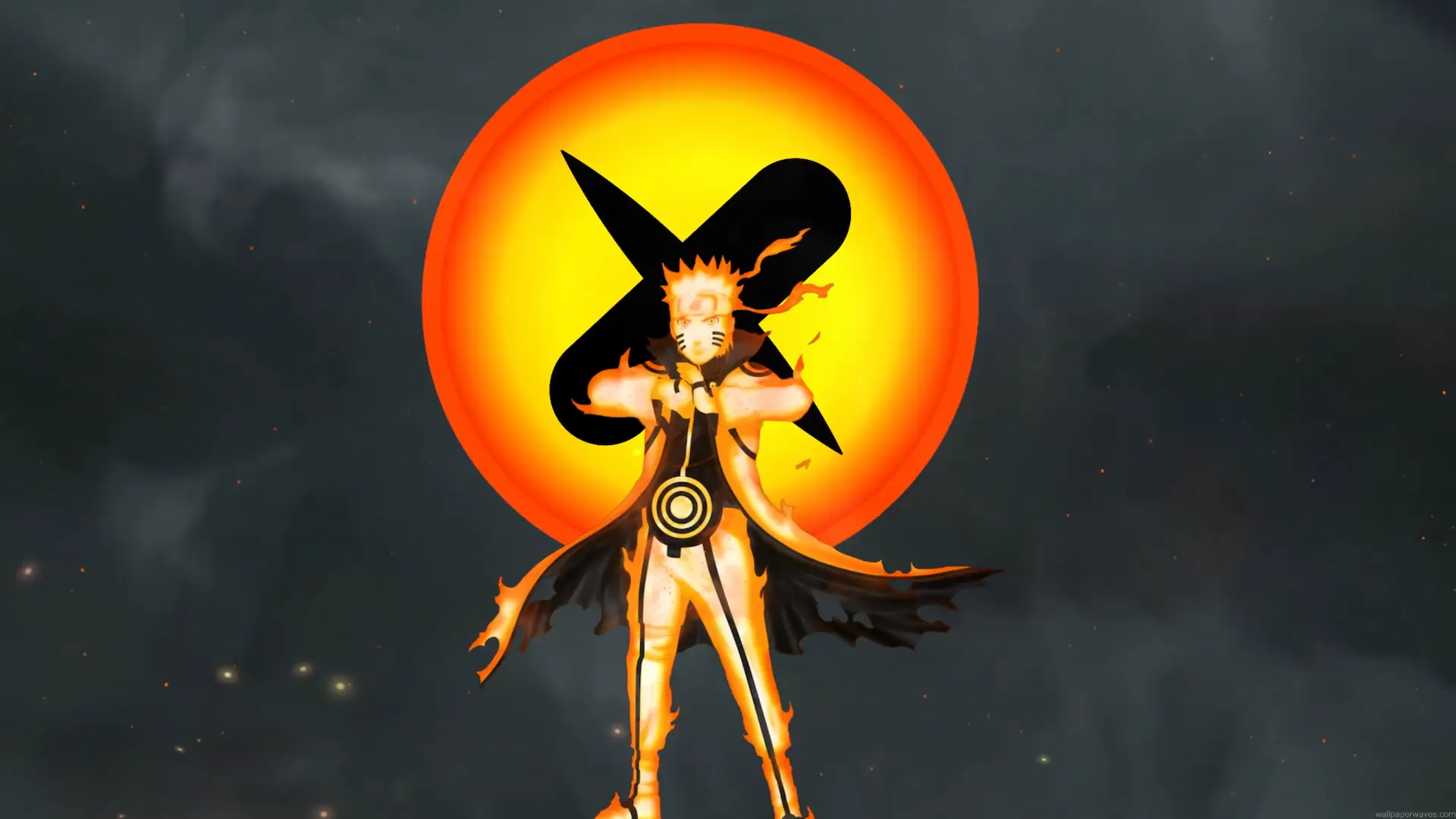 Naruto Uzumaki in Six Paths Sage Mode glowing with a golden chakra aura against a dark stormy background live wallpaper