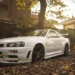 Nissan Skyline GT-R R34 Autumn Live Wallpaper 10 White Nissan Skyline GT-R R34 parked among autumn leaves with warm golden sunlight in a peaceful neighborhood live wallpaper.