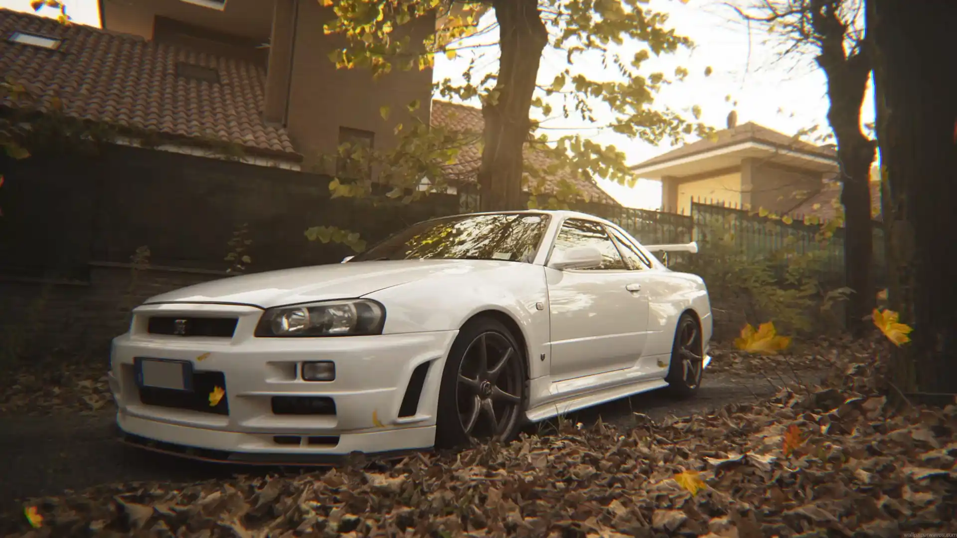 White Nissan Skyline GT-R R34 parked among autumn leaves with warm golden sunlight in a peaceful neighborhood live wallpaper.