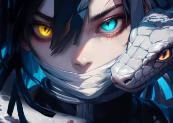 Obanai Iguro White Snake Close Up Live Wallpaper 1 Obanai Iguro with mismatched glowing eyes beside his white snake Kaburamaru in a dramatic Demon Slayer close-up wallpaper.