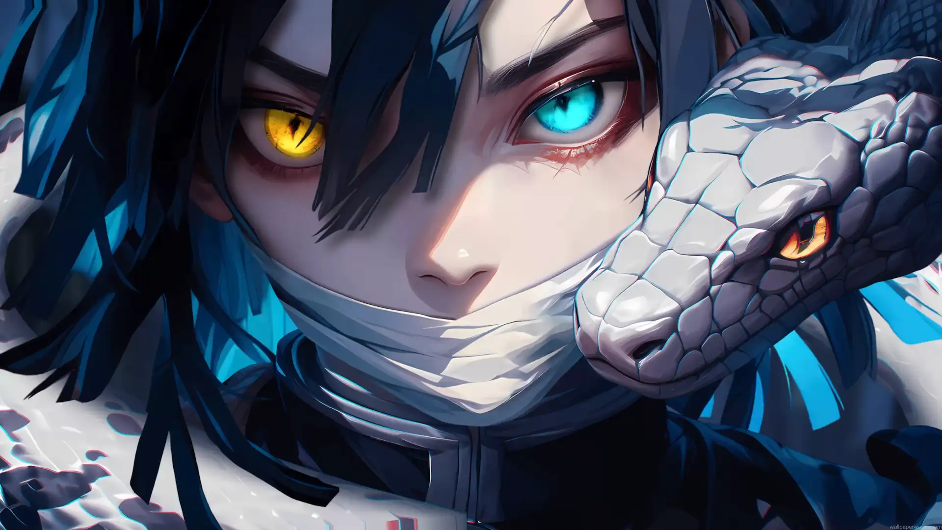 Obanai Iguro with mismatched glowing eyes beside his white snake Kaburamaru in a dramatic Demon Slayer close-up wallpaper.