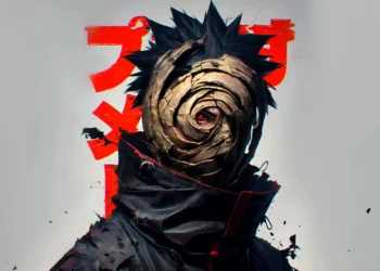 Obito Uchiha wearing his spiral mask with a glowing Sharingan eye and red Japanese text in the background live wallpaper.