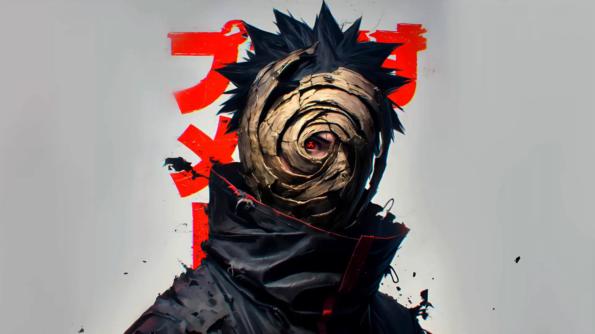 Obito Uchiha wearing his spiral mask with a glowing Sharingan eye and red Japanese text in the background live wallpaper.