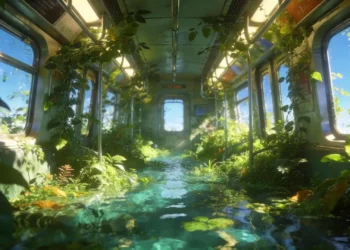 Overgrown Abandoned Train Nature Live Wallpaper 1 Overgrown abandoned train interior filled with green plants, vines, sunlight, and clear water nature wallpaper.