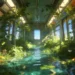 Overgrown abandoned train interior filled with green plants, vines, sunlight, and clear water nature wallpaper.