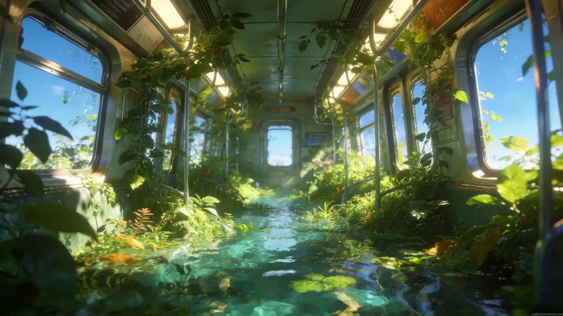 Overgrown abandoned train interior filled with green plants, vines, sunlight, and clear water nature wallpaper.