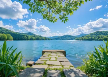 Peaceful Blue Lake Mountain Nature Live Wallpaper 1 Peaceful blue lake surrounded by green forests and mountains under a bright summer sky live wallpaper.