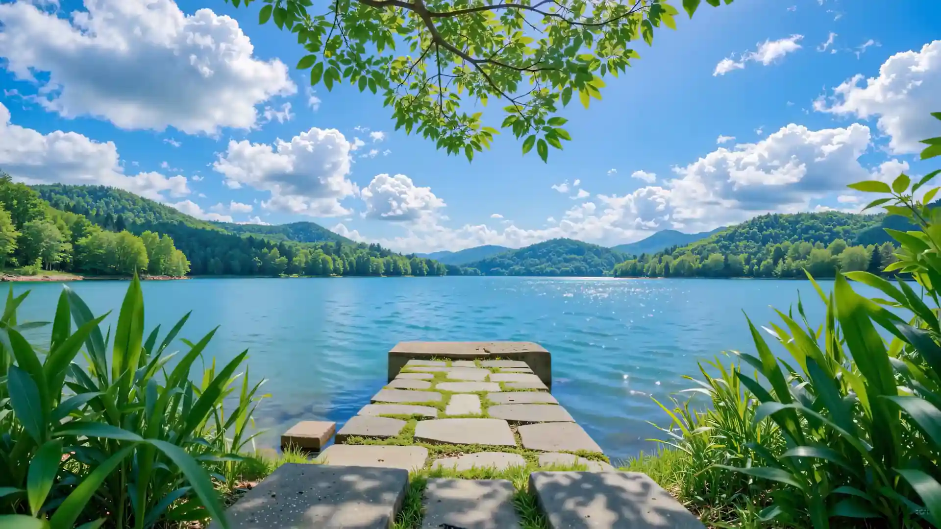Peaceful blue lake surrounded by green forests and mountains under a bright summer sky live wallpaper.