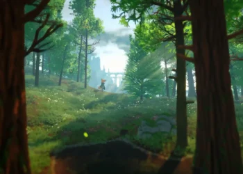 Peaceful fox wandering through a lush green forest with sunlight, wildflowers, and distant fantasy ruins live wallpaper.