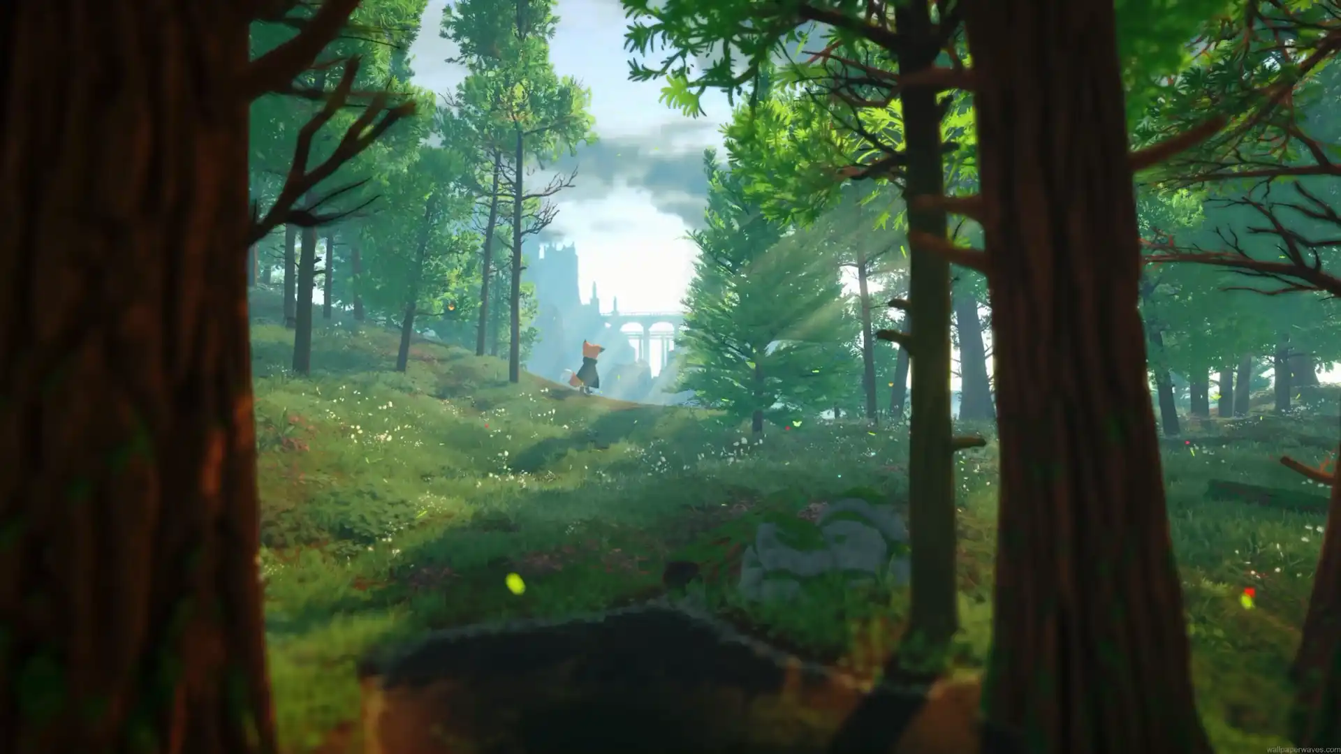 Peaceful fox wandering through a lush green forest with sunlight, wildflowers, and distant fantasy ruins live wallpaper.
