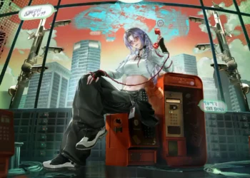 Pine Path to Nowhere Cyberpunk City Live Wallpaper 1 Pine from Path to Nowhere sitting beside a futuristic payphone in a cyberpunk city live wallpaper.