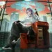 Pine from Path to Nowhere sitting beside a futuristic payphone in a cyberpunk city live wallpaper.