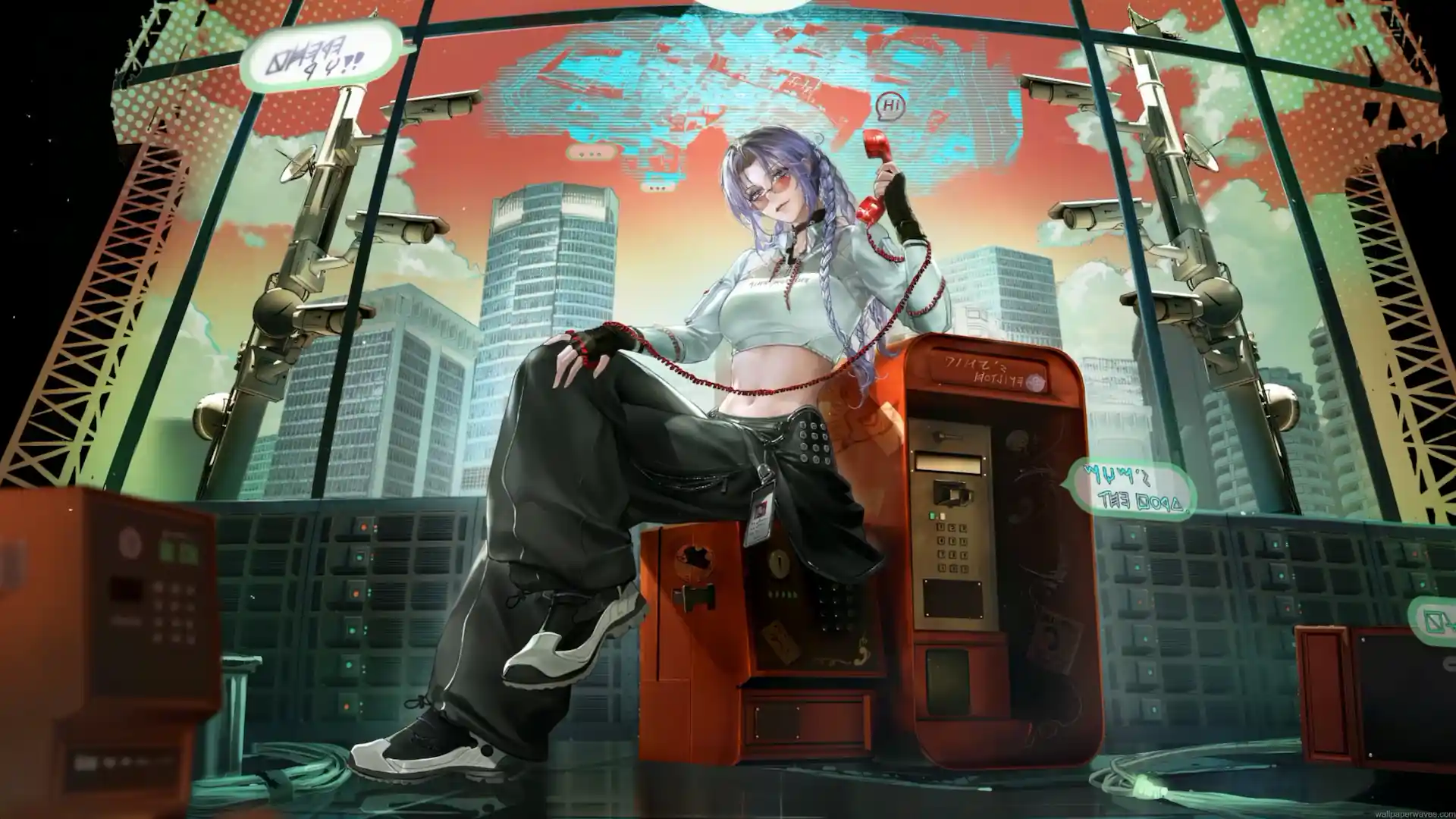 Pine from Path to Nowhere sitting beside a futuristic payphone in a cyberpunk city live wallpaper.