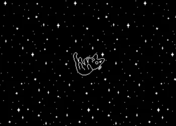 Pixel cat falling through a black starry space background live wallpaper