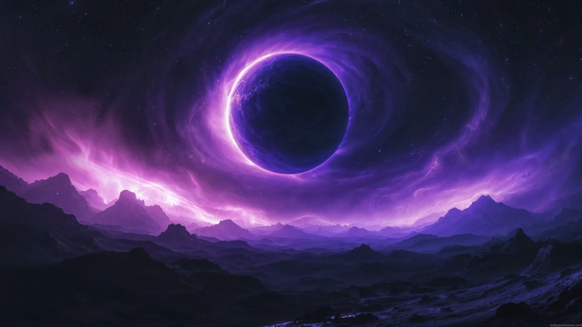 Purple planet surrounded by glowing cosmic energy above an alien mountain landscape live wallpaper.