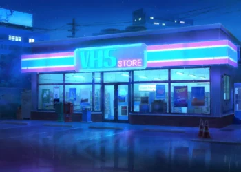 Retro VHS Store Neon Rain Live Wallpaper 1 Retro VHS video store glowing with blue and pink neon lights on a rainy city night live wallpaper.