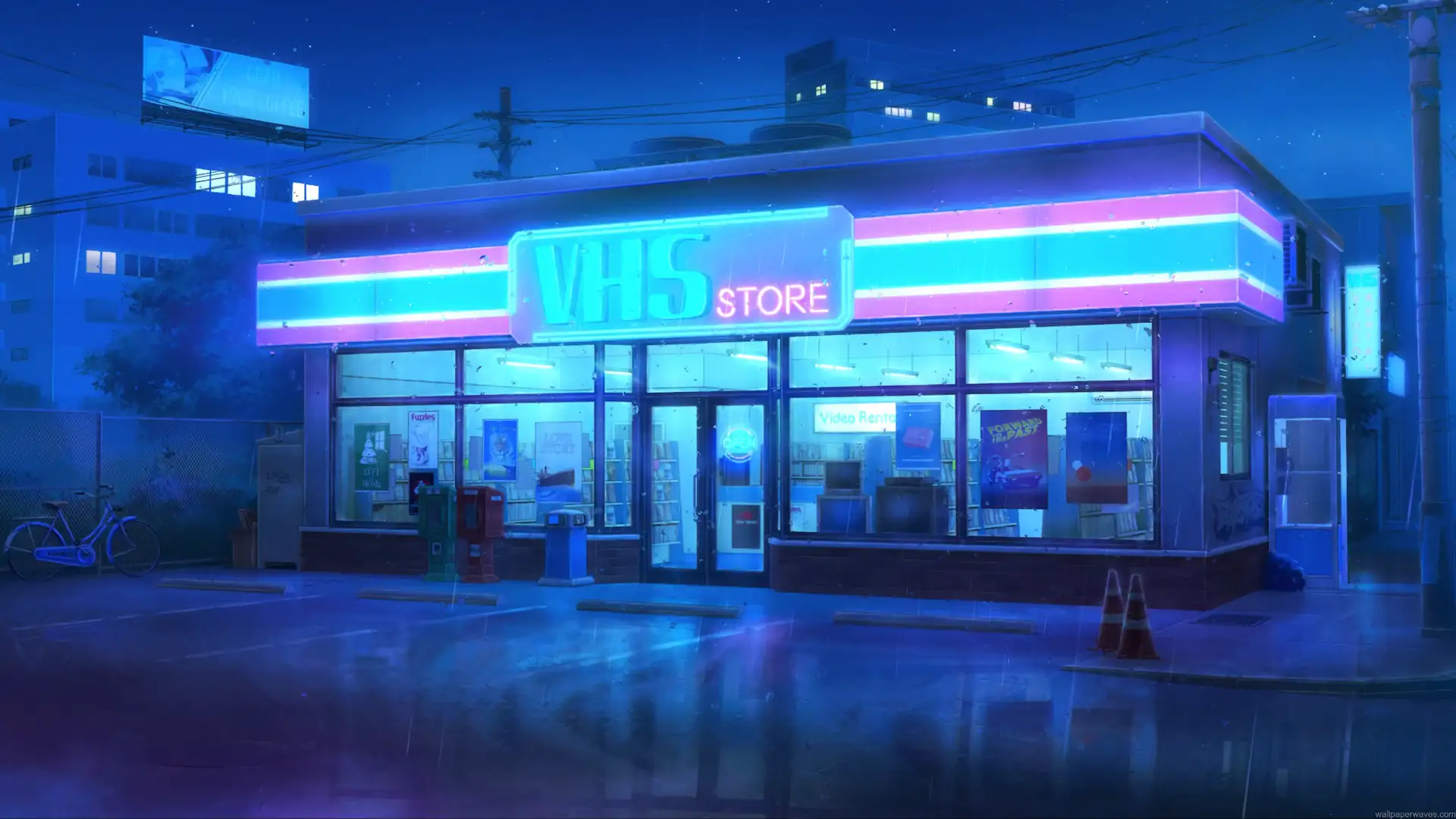 Retro VHS video store glowing with blue and pink neon lights on a rainy city night live wallpaper.
