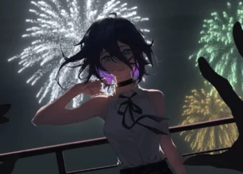 Reze Fireworks Night Chainsaw Man Live Wallpaper 1 Reze from Chainsaw Man standing beneath colorful fireworks on a mysterious dark night live wallpaper.