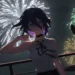 Reze from Chainsaw Man standing beneath colorful fireworks on a mysterious dark night live wallpaper.