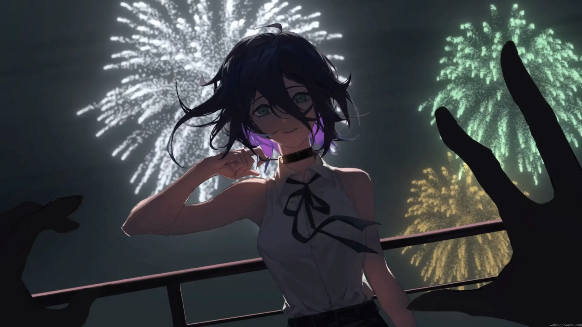 Reze from Chainsaw Man standing beneath colorful fireworks on a mysterious dark night live wallpaper.