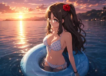 Rio Futaba Rascal Does Not Dream Live Wallpaper 1 Rio Futaba from Rascal Does Not Dream of Bunny Girl Senpai relaxing in the ocean at sunset with an inflatable ring live wallpaper.