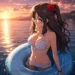 Rio Futaba from Rascal Does Not Dream of Bunny Girl Senpai relaxing in the ocean at sunset with an inflatable ring live wallpaper.