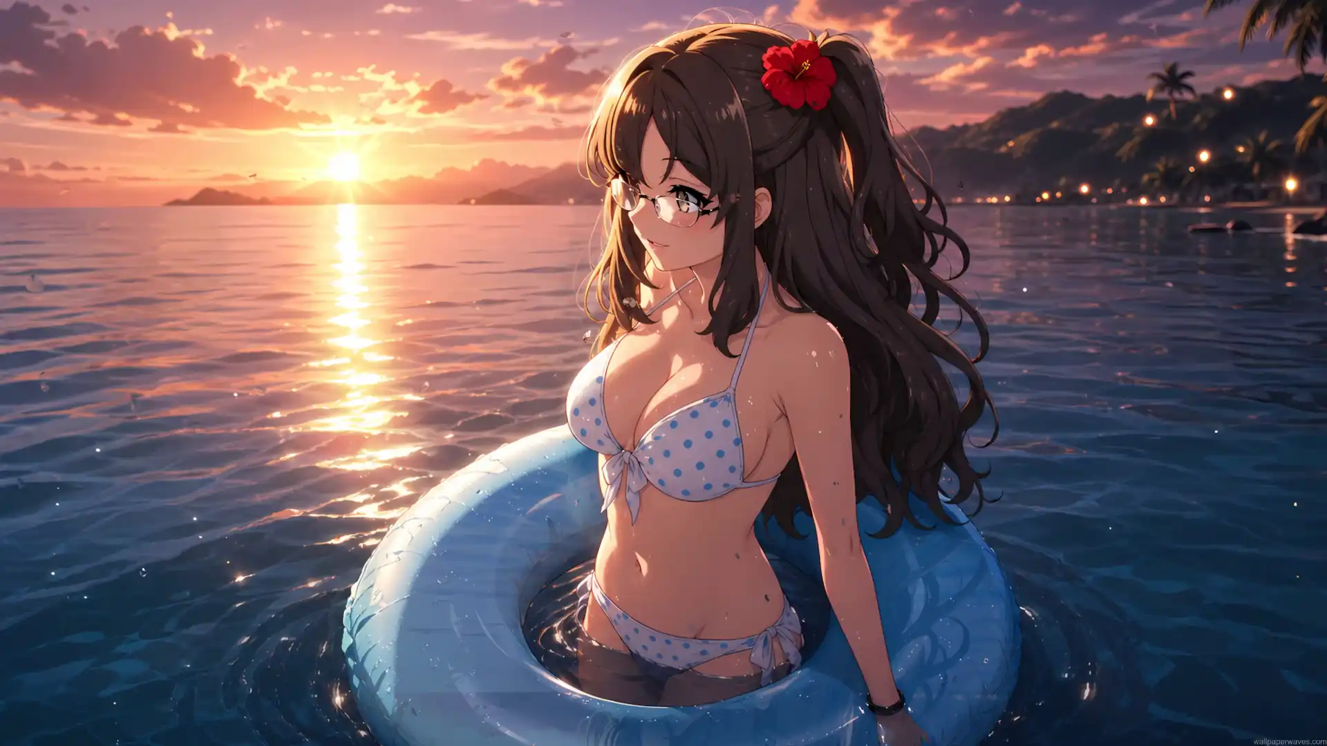 Rio Futaba from Rascal Does Not Dream of Bunny Girl Senpai relaxing in the ocean at sunset with an inflatable ring live wallpaper.