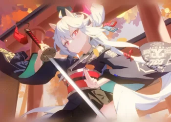 Ryugasaki Misaki Astral Party Live Wallpaper 2 Ryugasaki Misaki from Astral Party drawing her katana beneath a shrine gate surrounded by autumn leaves live wallpaper.