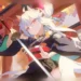 Ryugasaki Misaki from Astral Party drawing her katana beneath a shrine gate surrounded by autumn leaves live wallpaper.