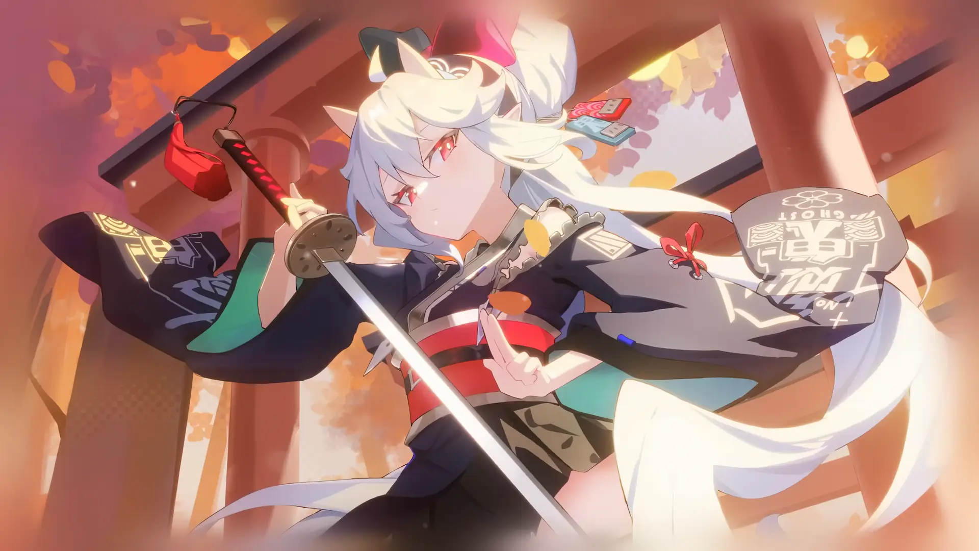 Ryugasaki Misaki from Astral Party drawing her katana beneath a shrine gate surrounded by autumn leaves live wallpaper.