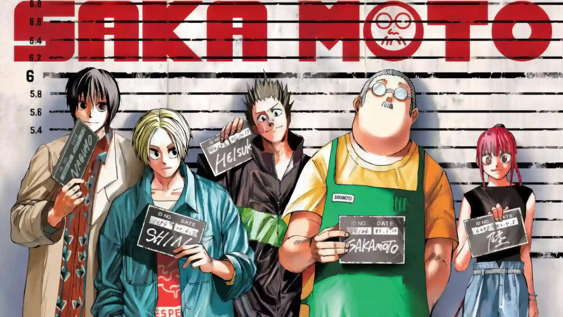 Sakamoto Days group mugshot featuring Taro Sakamoto, Shin Asakura, Nagumo, Heisuke Mashimo, and Lu Shaotang live wallpaper.