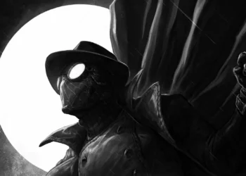 Spider-Man Noir Full Moon Dark Live Wallpaper 1 Spider-Man Noir wearing a fedora and trench coat beneath a glowing full moon in dark black and white live wallpaper.