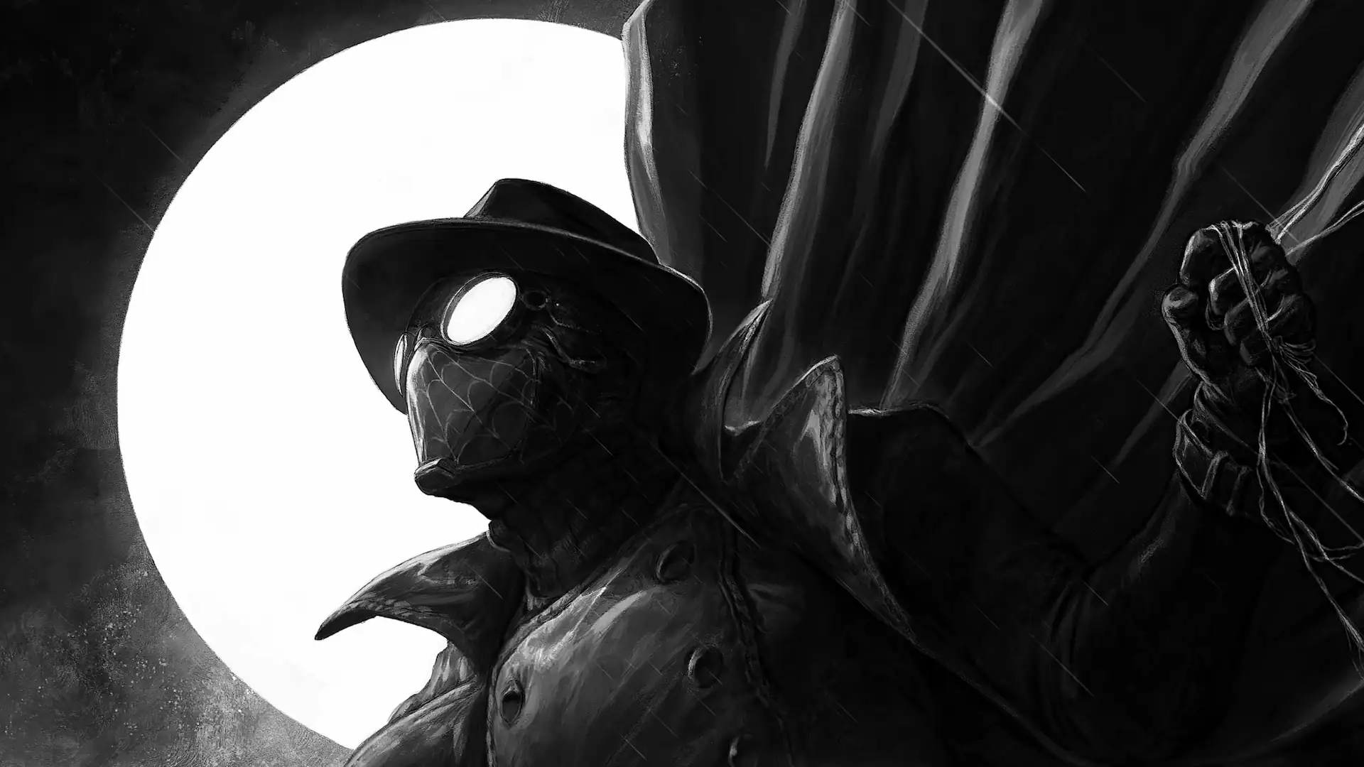 Spider-Man Noir wearing a fedora and trench coat beneath a glowing full moon in dark black and white live wallpaper.